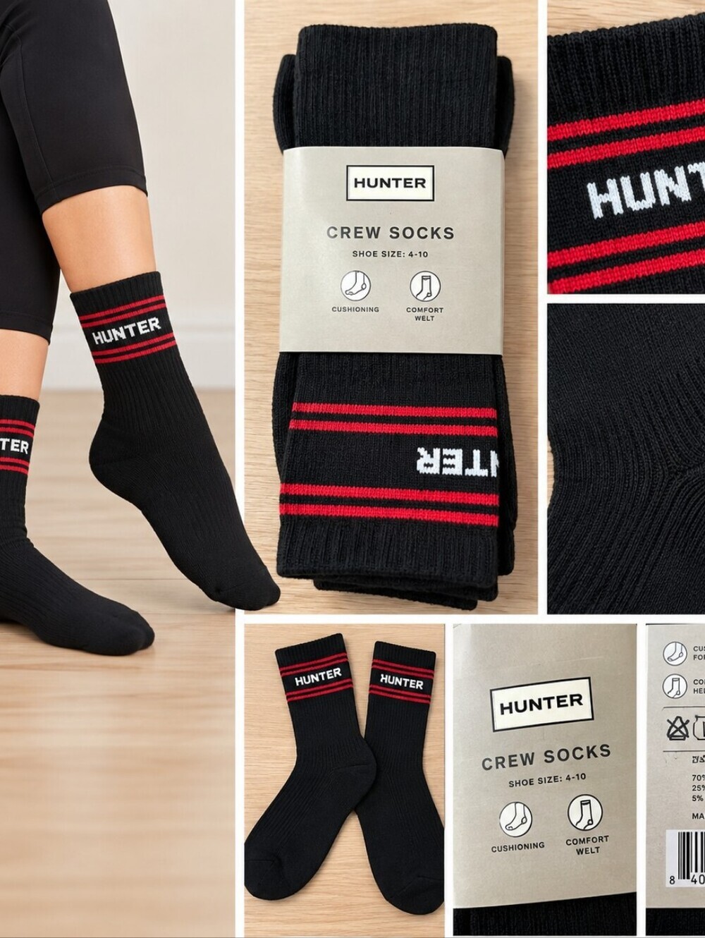 Hunter Black Crew Socks with Red Stripes